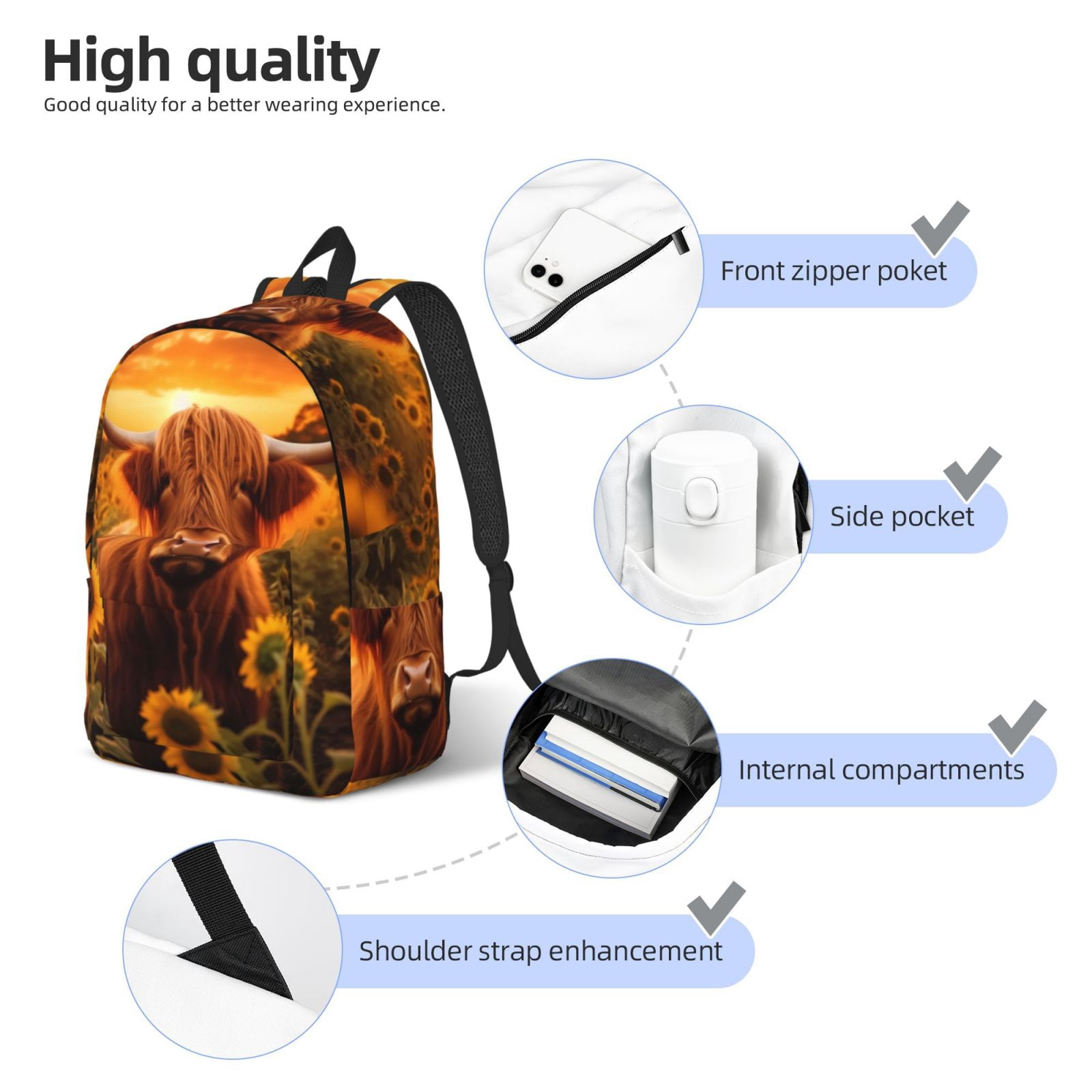 Vsdgher Vintage Sunflower Cow B Print Canvas Backpack Travel Rucksack Unisex Knapsack 15.7/17.7Inch Laptop Backpack for Work,College -Small