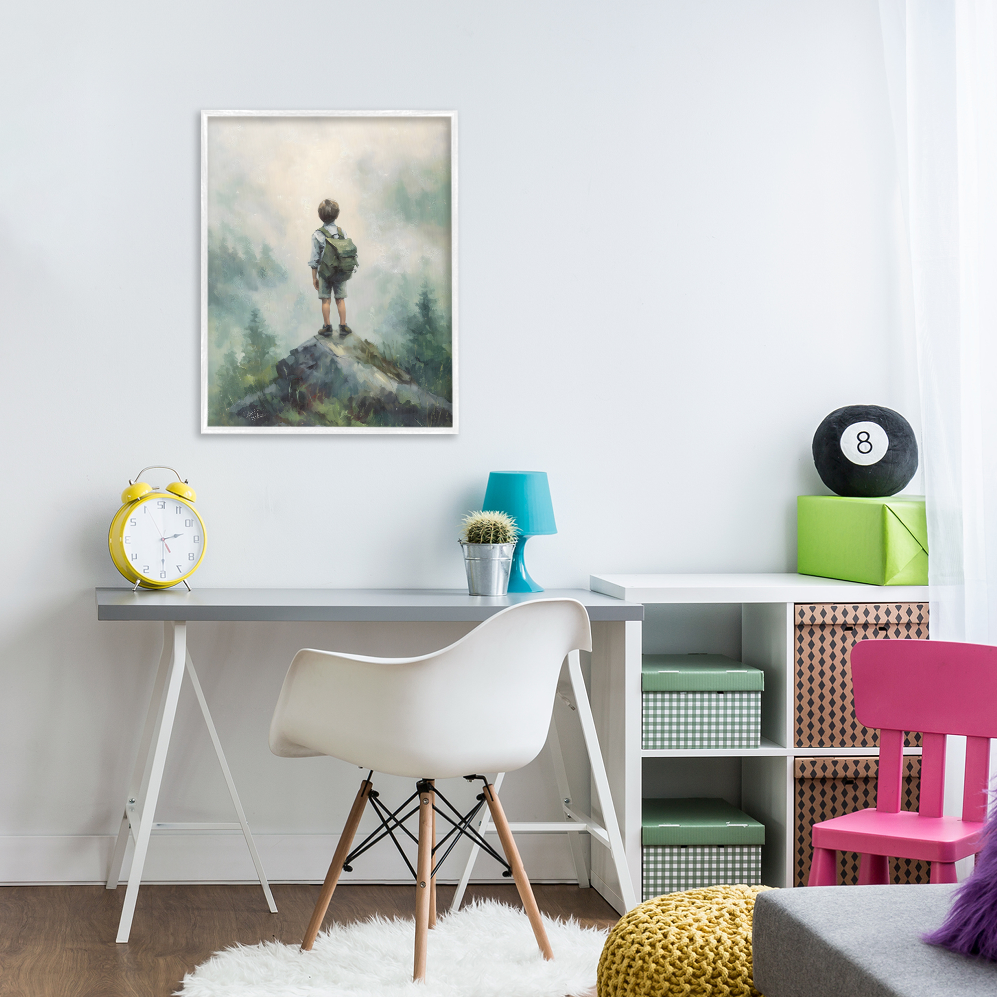 Boy Adventurer Atop Mountain White Framed Giclee Art, design by Arlington Prints