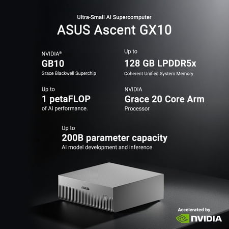 ASUS Ascent GX10 AI Supercomputer, DGX Spark, NVIDIA GB10 Superchip, 128GB LPDDR5x, 1TB PCIe Gen4 NVMe SSD, Wi-Fi 7 & BT5.4, DGX OS, Agentic AI Ready, Supports OpenClaw, NemoClaw, Stackable Chassis