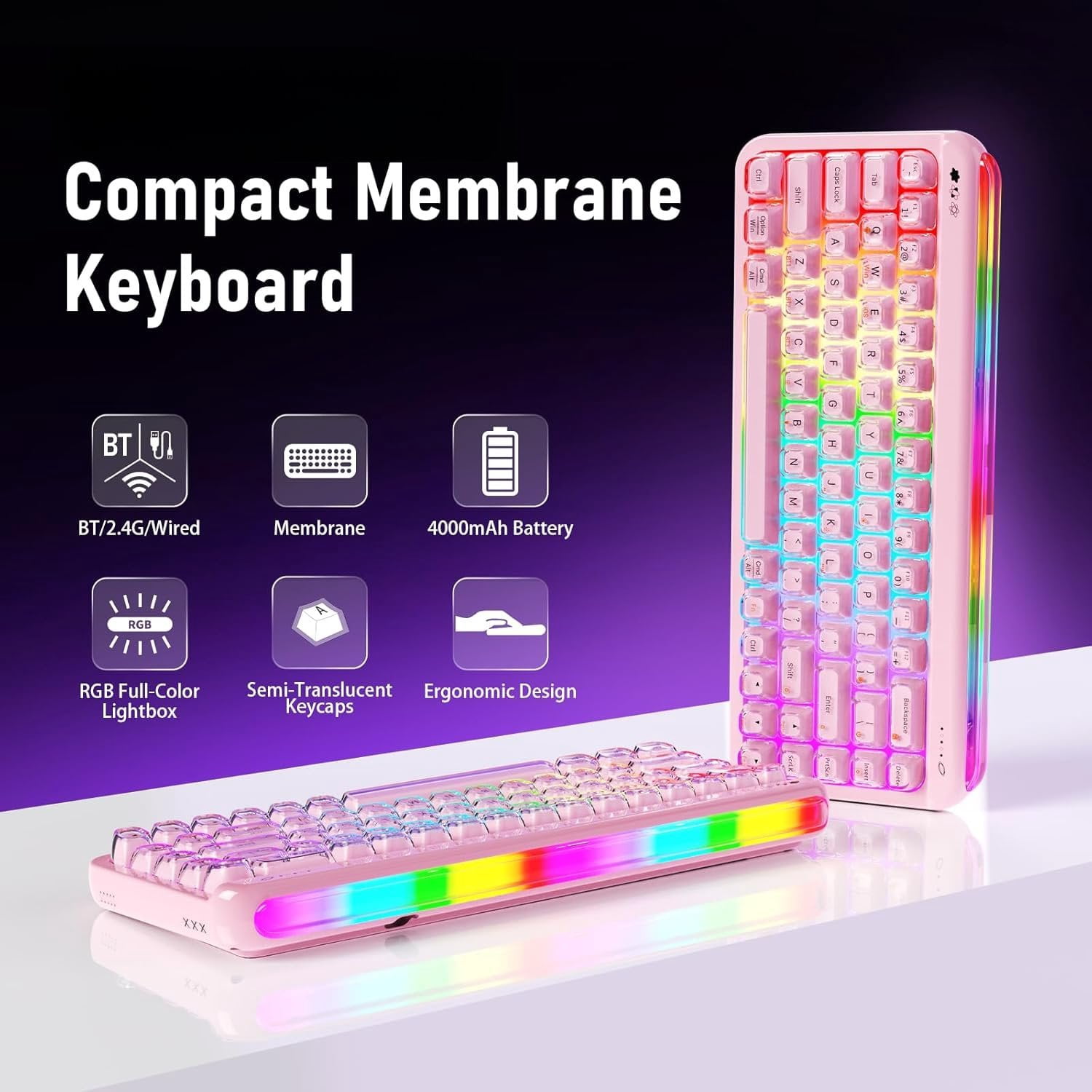 AF68 Membrane Keyboard, 68% Layout 68-Key Gaming Keyboard, 2.4 GHz/Type-C/BT, RGB Lighting Effects with Integrated Side Light Bar, 4000mAh , Translucent Keycaps