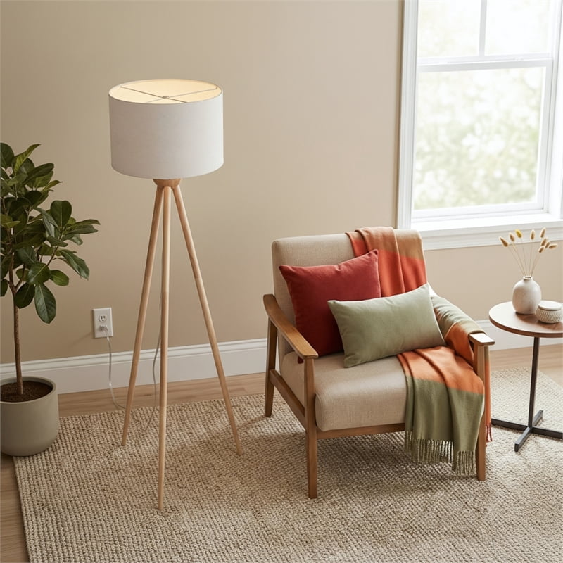Lara Tripod Floor Lamp with Natural Wood Base and Beige Linen Shade