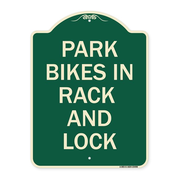 SignMission Designer Series Sign - Park All Bikes in Rack and Lock Sign | Green & Tan 18" x 24" Heavy-Gauge Aluminum Architectural Sign | Protect Your Business & Municipality | Made in