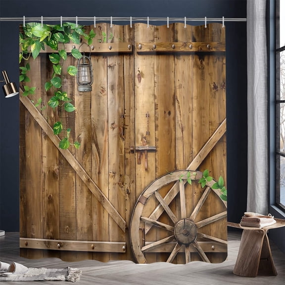 Extra Long Barn Door Shower Curtain Rustic Wooden Farmhouse Country Decor Shower Curtain 72" x 72" Durable Waterproof for Bathroom Decor, Waterproof Cloth with 12 Hooks