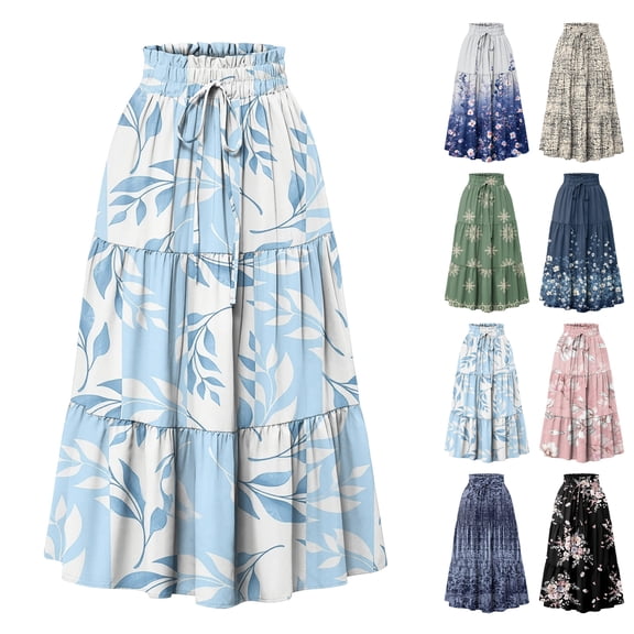 Women's Floral Maxi Skirt, High Waist Drawstring Tiered Pleated Skirt, Lightweight Flowy Boho Skirt for Beach, Vacation and Summer,Beige,L