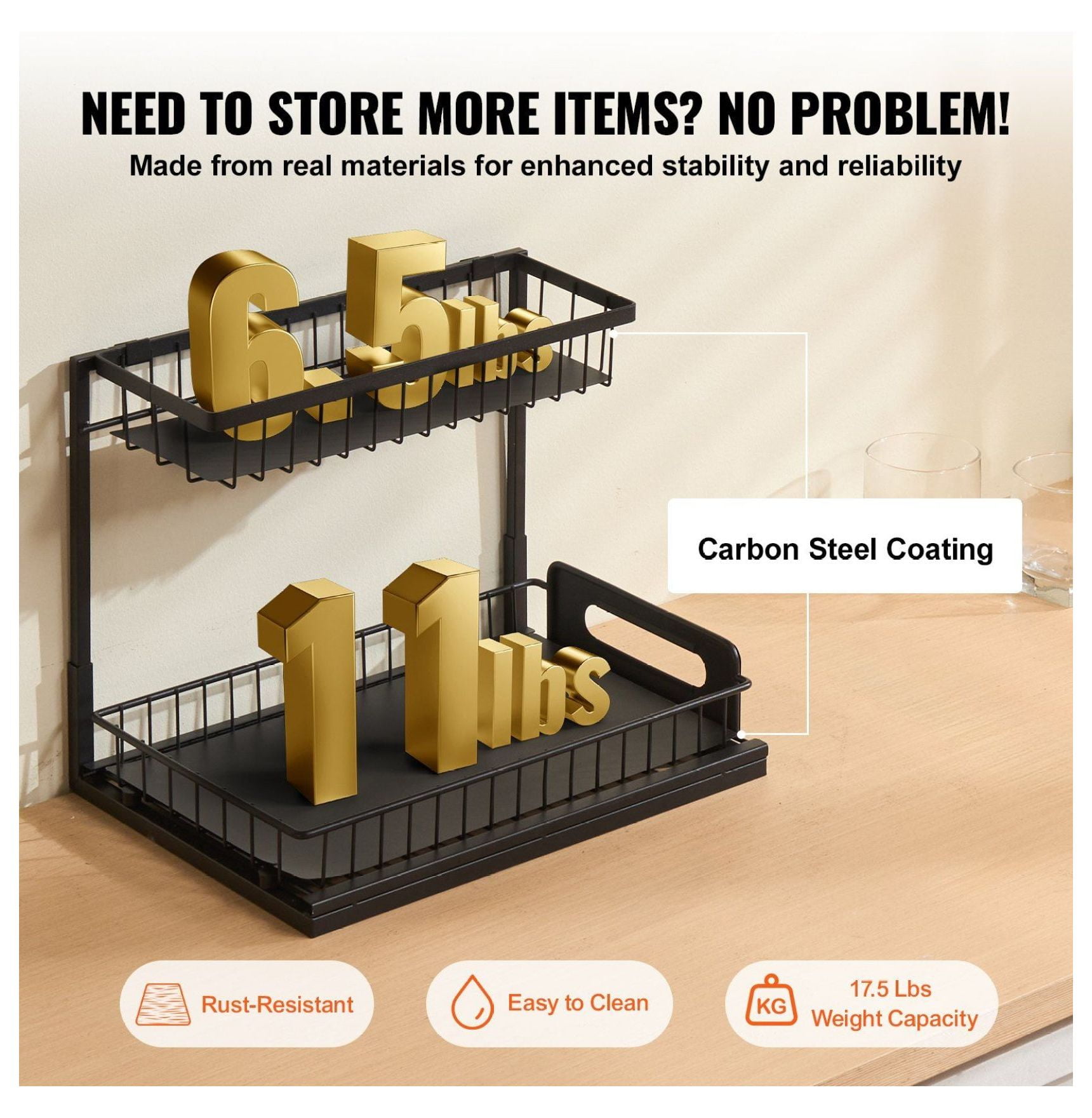 Pull Out Cabinet Organizer 2 Tier - Under Sink Organizer & Storage (10.7"W x 14.2"D) - Sliding Shelf - Wire Basket - Kitchen, Bathroom, Cabinet - 12.5"W x 15.5"D x 13"H