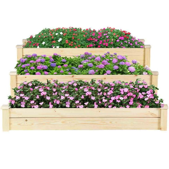 Topbuy 3 Tier Wooden Raised Garden Bed Planting Box Growing Flower Vegetables Outdoor