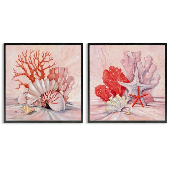 Stupell Industries Pink Coral Still Life Nautical & Beach Painting Black Framed Art Print Wall Art, 12 x 12, Set of 2