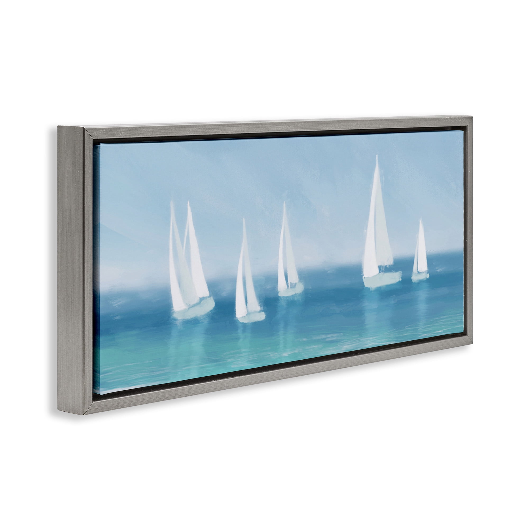 Stupell Industries White Sail Boats Across Coast Nature Painting Gray Floater Framed Canvas Art Print Wall Art, 31 x 14