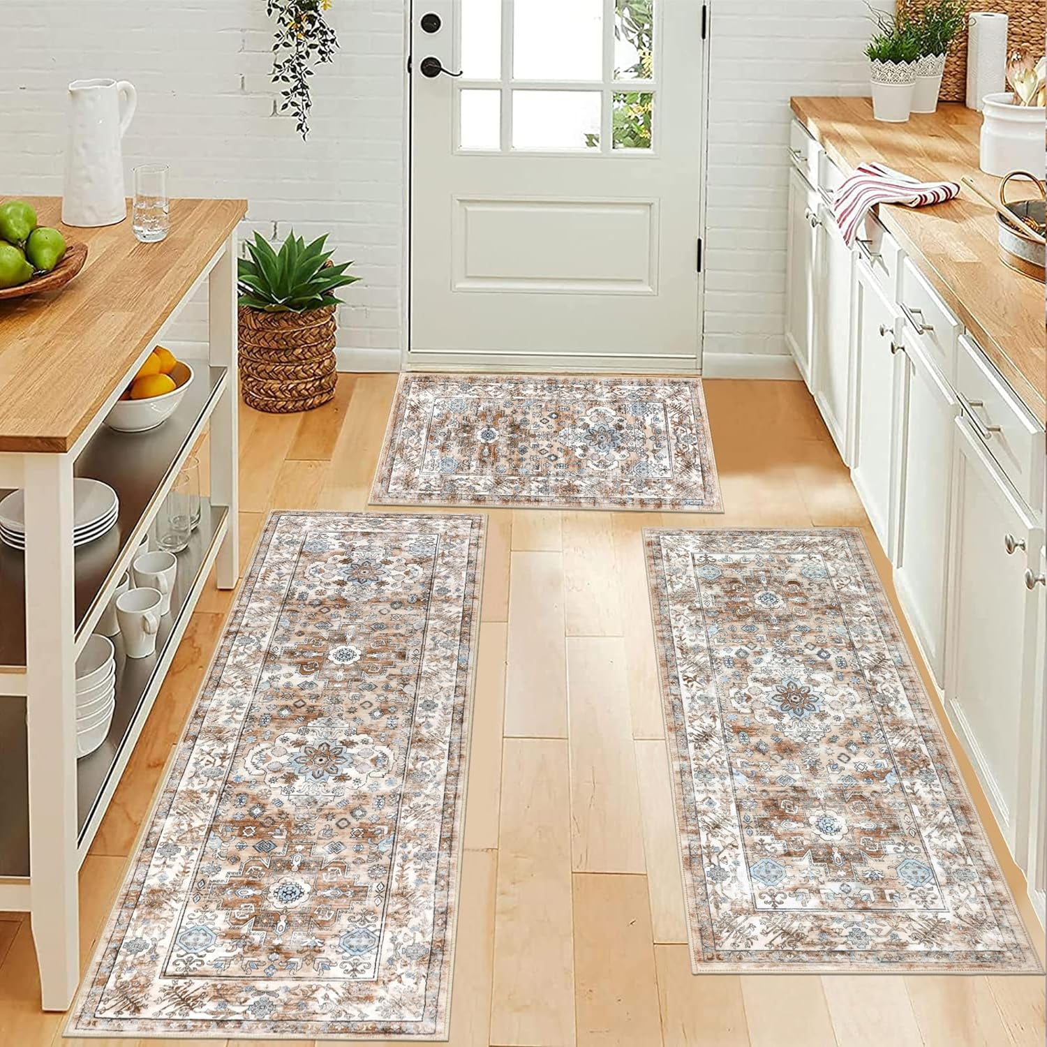 Kitchen Rug and Mat, Yamaziot Kitchen Runners Rugs Set of 3, Washable Non Slip Farmhouse Hallway Laundry Room Mat for Floor, Comfort Vinatge Boho Carpet
