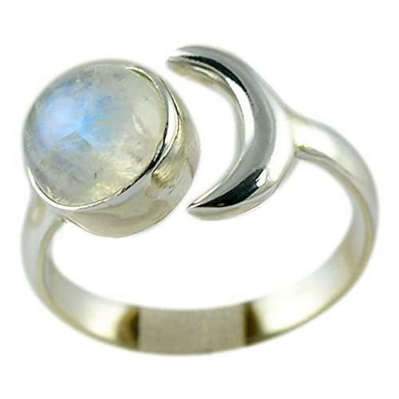 Navya Craft Rainbow Moonstone Round 925 Sterling Silver Handmade Women Statement Crescent Moon Ring Size 8.5