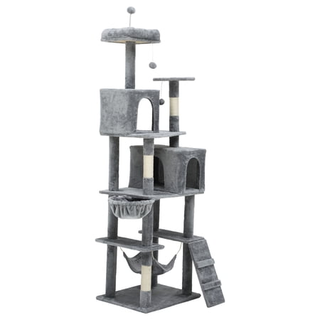 Uforic 75"Cat Tree for Large Cats ,Multi Level Play Tower Condo with Scratching Posts &Cat Caves&Comfortable Hammock,Pet Play Center,Light Gray