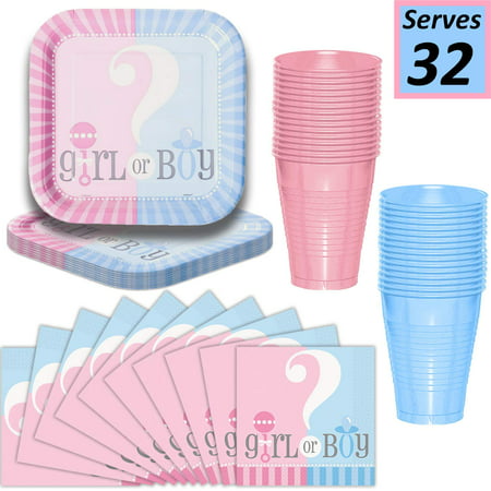 Gender Reveal Decorations Kit For Party: Plates, Cups, Napkins - Serves 32-9