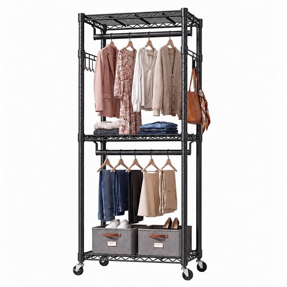 CONCETTA 29inch Rolling Clothes Rack, Adjustable Metal Shelves, Heavy Duty Clothes Rack with Side Hooks for Household, Laundry Room, Black