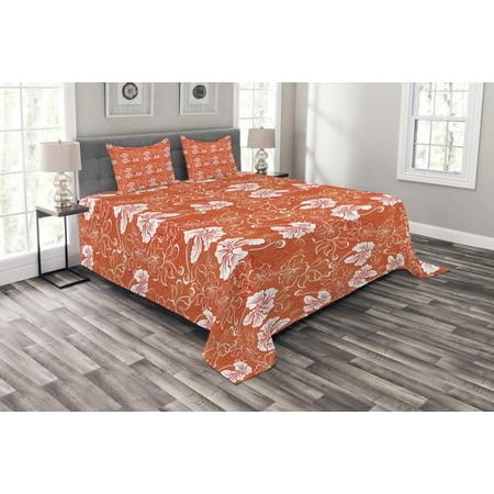 Orange Bedspread Set, Hawaiian Pattern with Tropical Climate Hibiscus Flowers Abstract Summer Flourish, Decorative Quilted Coverlet Set with Pillow Shams Included, Orange White, by