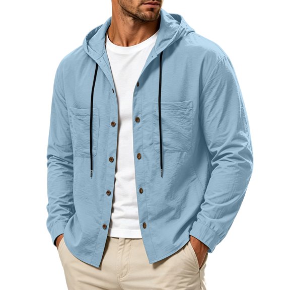 JUUYY Men's Button Down Hooded Shirts Relaxed Fit Solid Color Lightweight Long Sleeve Drawstring Casual Stylish Shirt Top with Pocket Sky Blue S