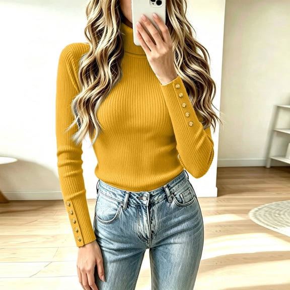 Women's Long Sleeve Turtleneck Ribbed Knit Sweater, Slim Fit Lightweight Basic Pullover Tops for Fall Winter Layering S