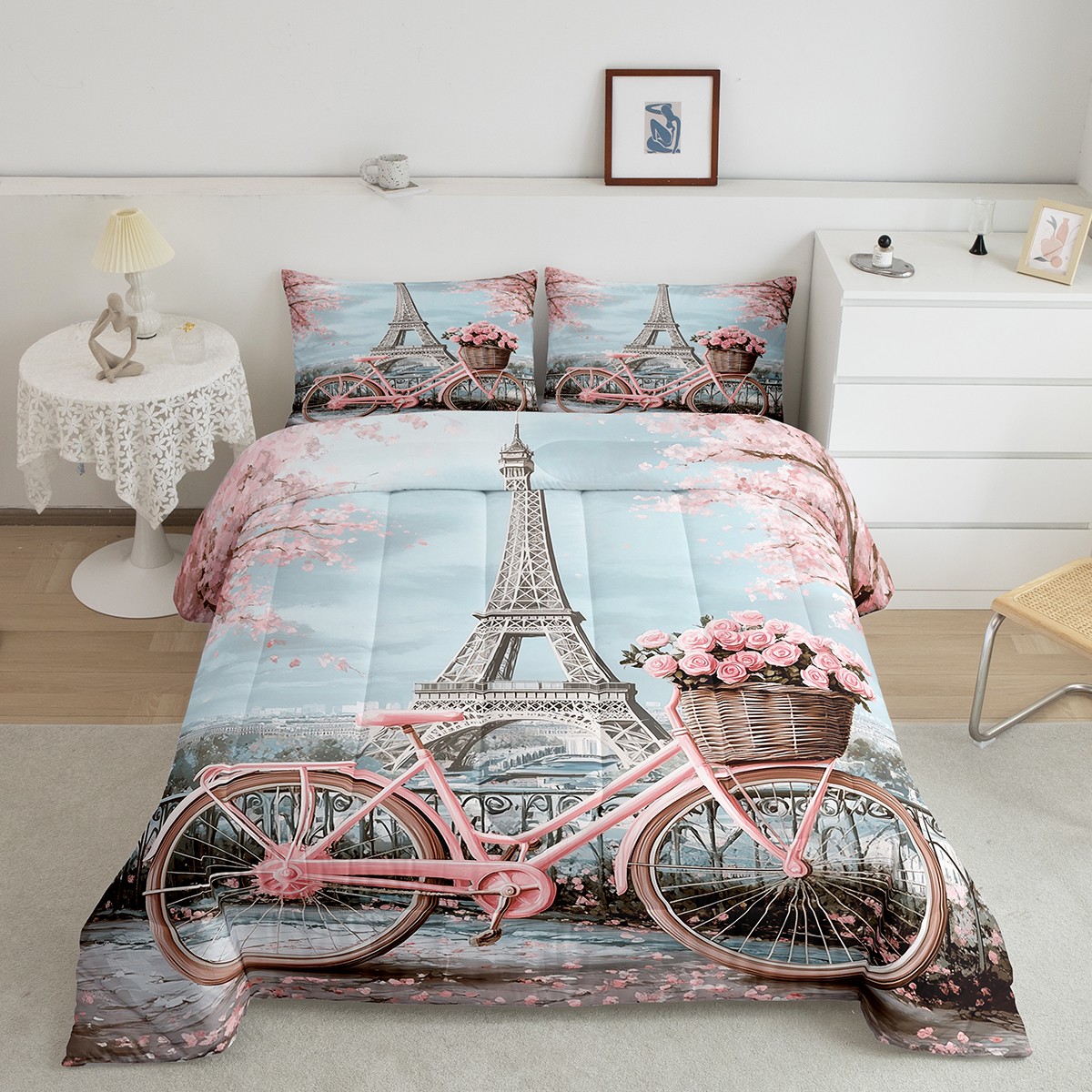 Manfei Paris Eiffel Tower Bedding Comforter Set for Girl, Pink Romantic Bike Twin Comforter Sets, Blossoms Flower Floral Reversible Bedding Set, Luxury Bedroom Decor, 2pcs
