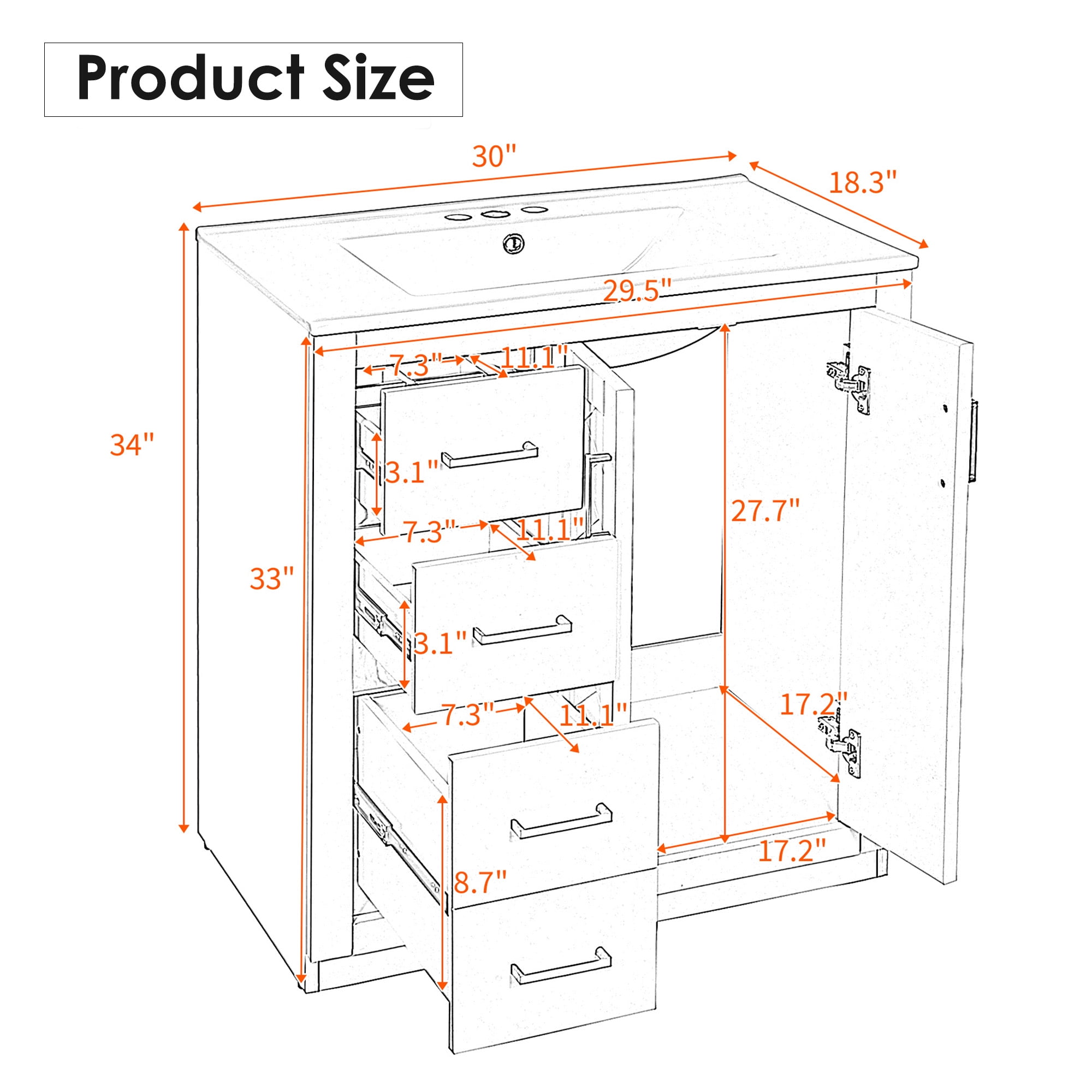 SogesPower 30" Bathroom Vanity with Ceramic Sink, Solid Wood Bathroom Makeup Cabinet with One Cabinet and 3 Drawers, FreeStanding Single Basin Vanity Set for Bathroom, White