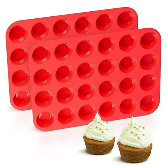 Bxaolu Mini Muffin Cupcake Set, 24 Cups 2-Pieces, Nonstick Silicone Baking Pan, BPA Free, Great for Making Muffin Cakes, Tart, Bread (24 Cups Red,2 PCS)