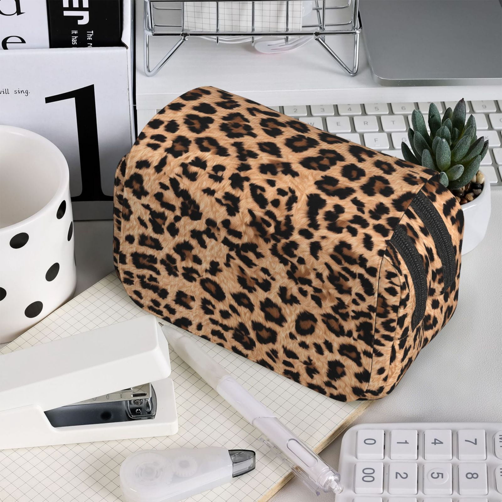 Large-Capacity Flip-Top Double-Layer Pencil Case, Multi-Functional Pocket Pen Case, Durable Stationery Organizer Animal Leopard Pattern (2)