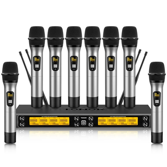 Unbranded 12-Channel UHF Cordless Mic, 8 Handheld Metal Dynamic Mic, with Receiver, Gray, 8-Pack