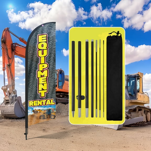 QSUM Equipment Rental Feather Flag with Flag Pole Kit and Ground Spike, 8.2FT Equipment Rental Windless Flag Banner Sign Business for Outdoor Advertising Sign Decoration Display