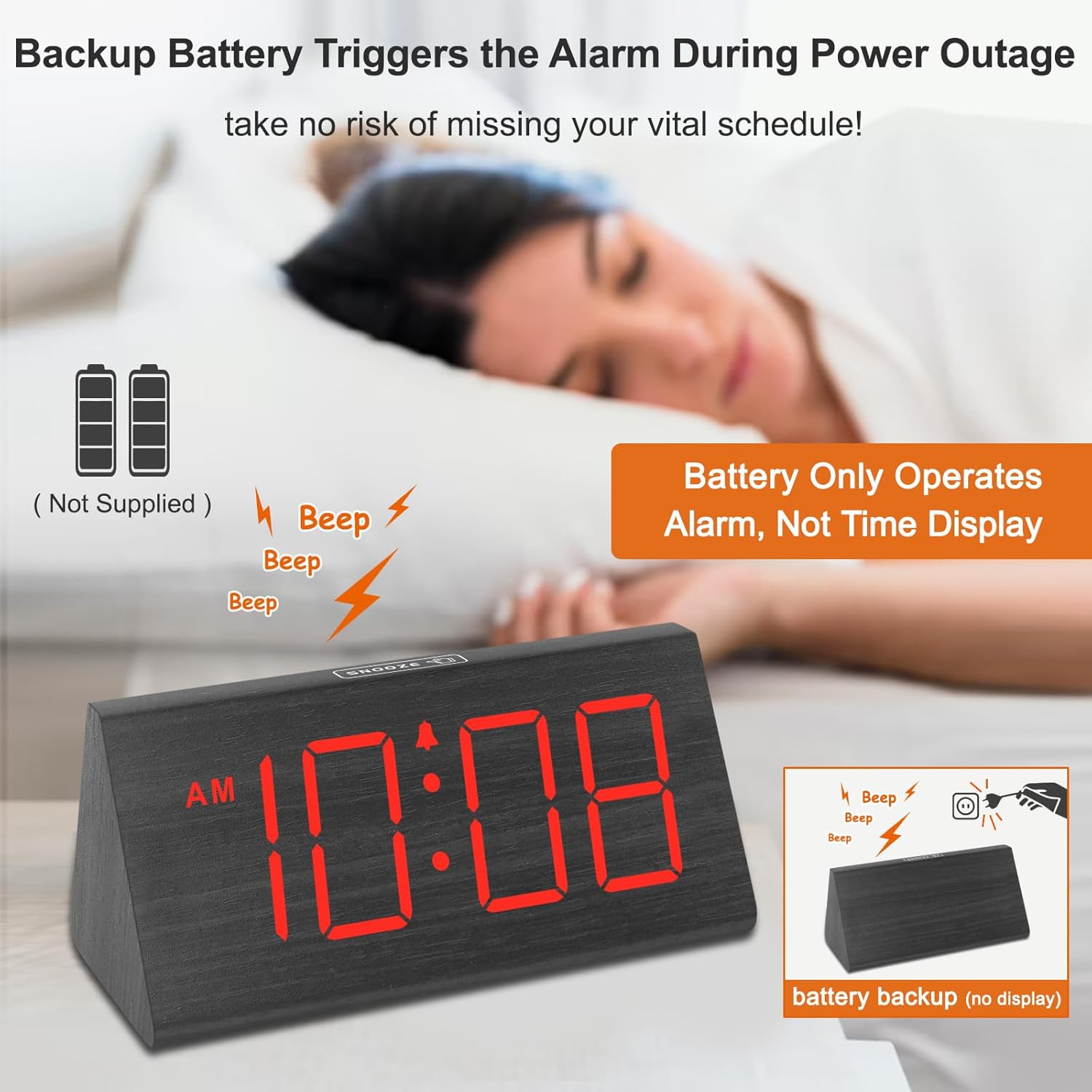 DreamSky Wooden Digital Alarm Clocks for Bedrooms - Electric Desk Clock with Large Numbers, USB Port, Loud Alarm for Heavy Sleepers, Adjustable Volume, Dimmer, DST, Wood Décor Gifts, Adapter Powered