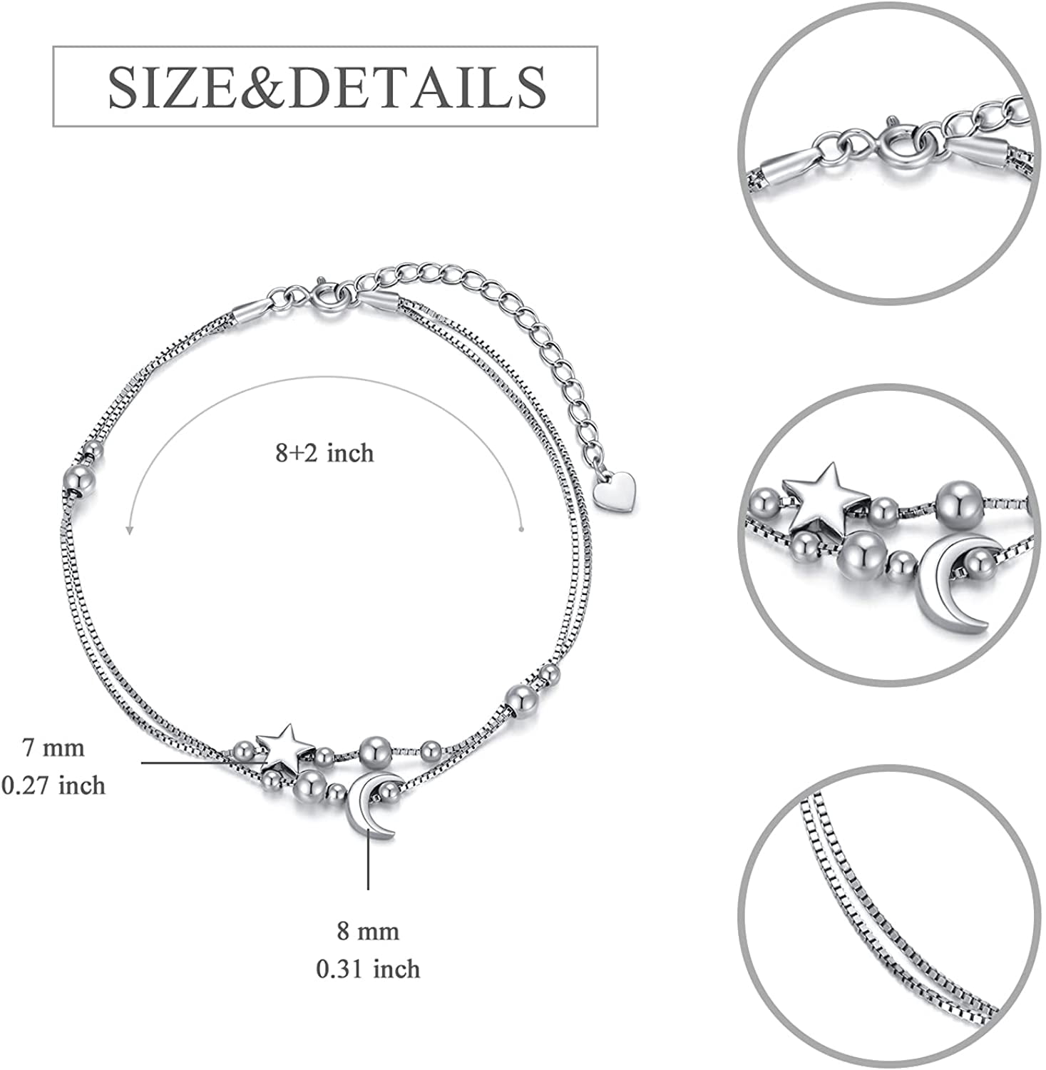 SISGEM Gift Star and Moon Sun Layered Anklet 925 Sterling Silver for Women Adjustable Beads Anklet Bracelet Crescent Beach Foot Chain 10 Inch Charm Jewelry Gifts