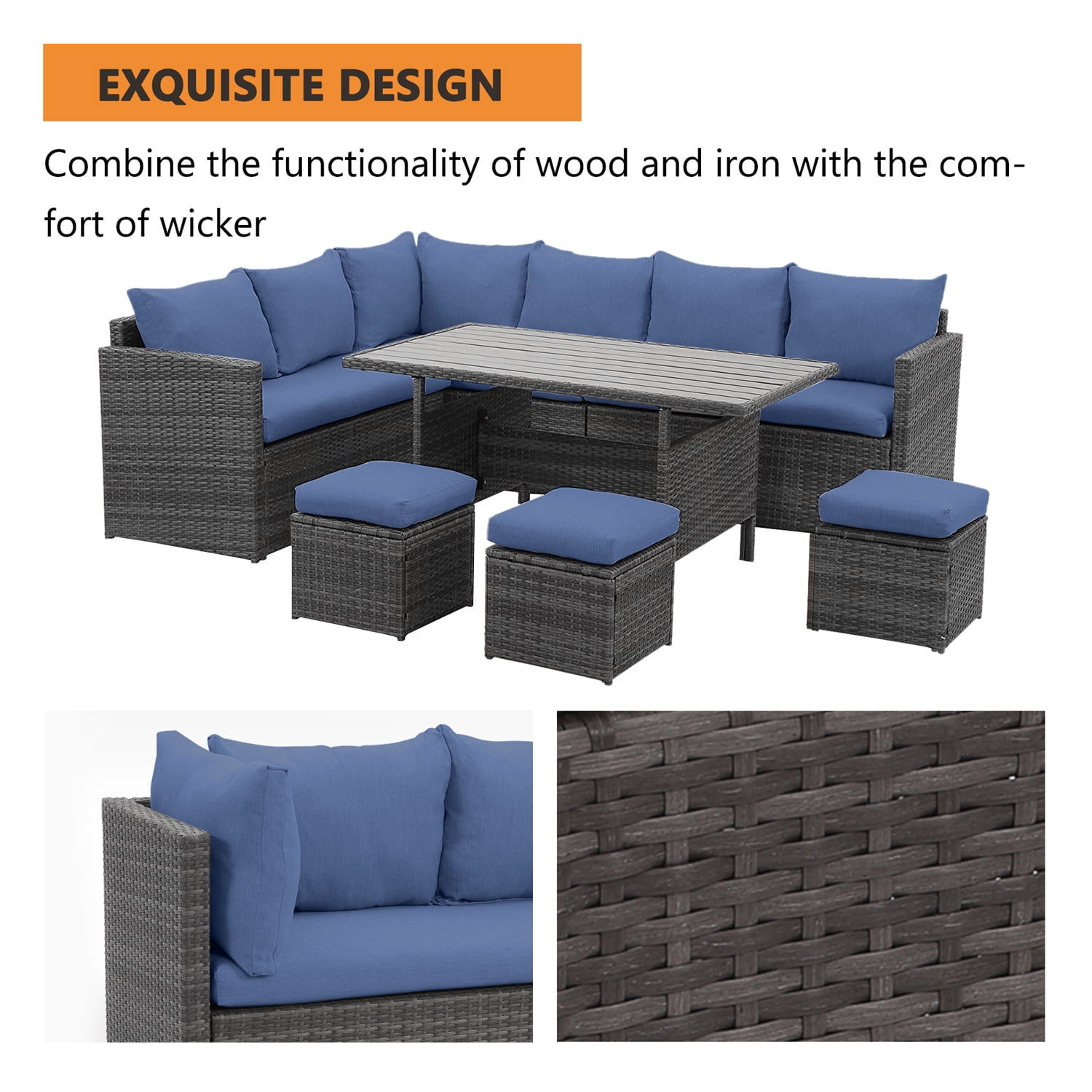 CozyHom 7 Pcs Outdoor Patio Sectional Dining Furniture Sofa Set PE Wicker Rattan Conversation Sofa Sets With Dining Table and Ottomans, Blue