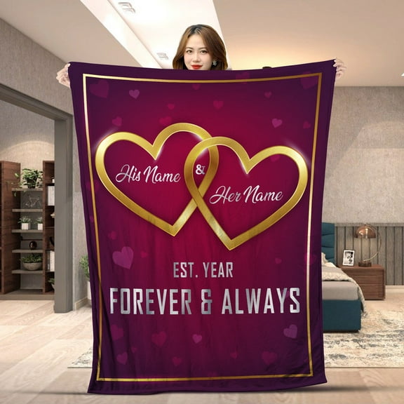 Personalized Couples Blanket with Two Hearts – Custom Name & Year – Romantic Gift for Anniversary, Wedding, Valentine's Day- Custom Couples For Husband And Wife - Sherpa-60x80