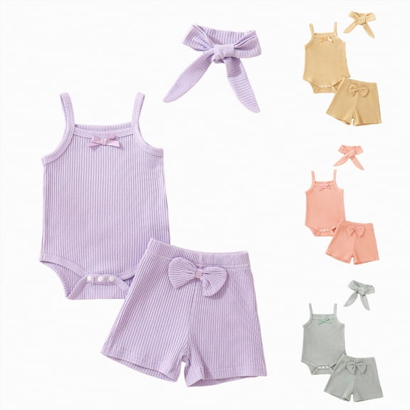 vigerkar Newborn Baby Girl Ribbed Outfits Set Infant Solid Spaghetti Straps Romper Top Shorts Toddler Girl Summer Clothes (Beige, 3-6 Months)