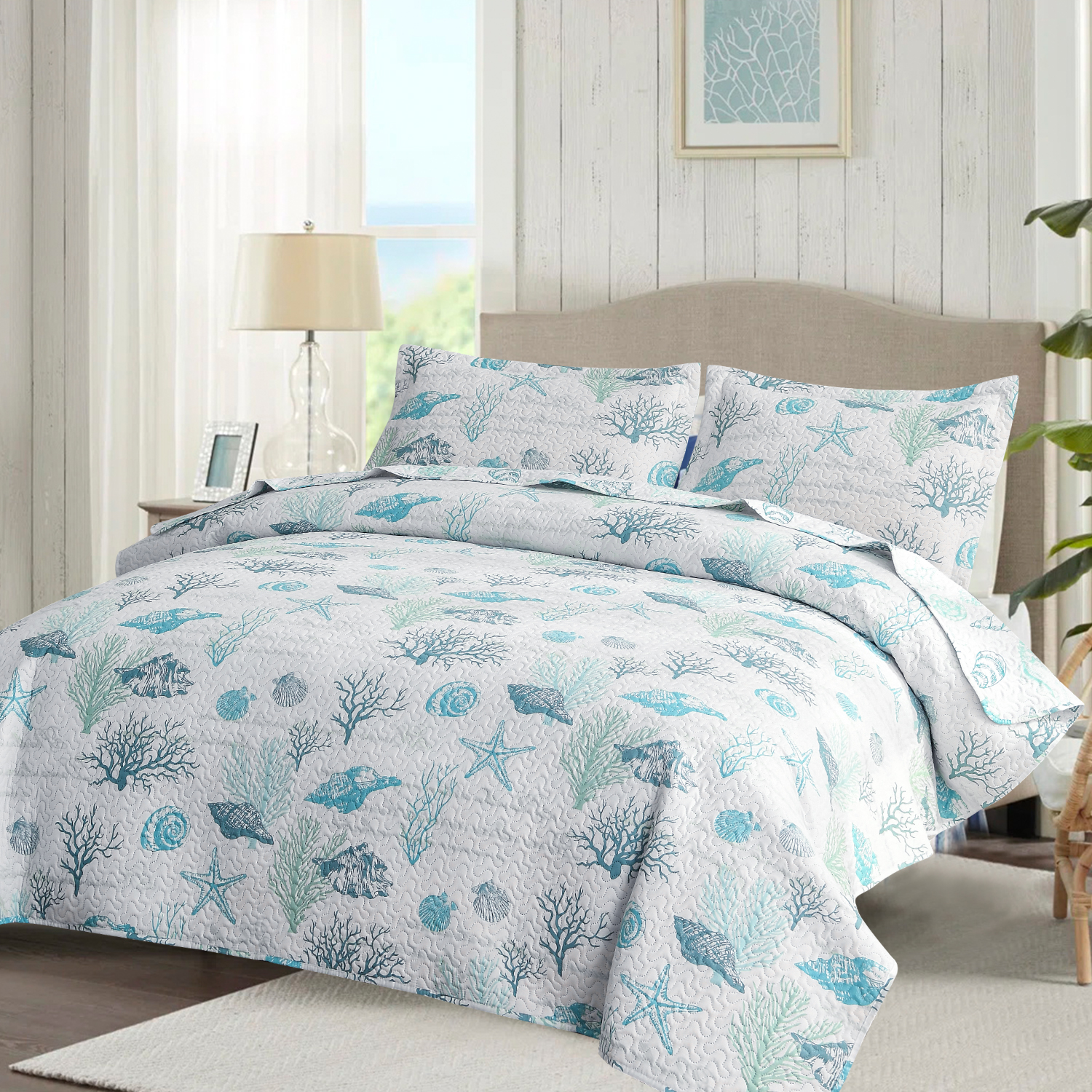 Kebury Ocean Beach Theme Quilts Bedding Set King Size Lightweight Patchwork Coastal Bedding Green Grass Coverlets Conch Seashell Starfish Seaweed Bedspreads (1 Quilt, 2 Pillow Shams)