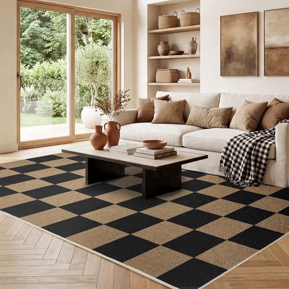 Sasttie 6'x9' Checkered Easy Jute Area Rug,Outdoor Patio Rug Washable Rugs for Entryway Checkerboard Indoor Outdoor Rugs, Red & Black & Natural