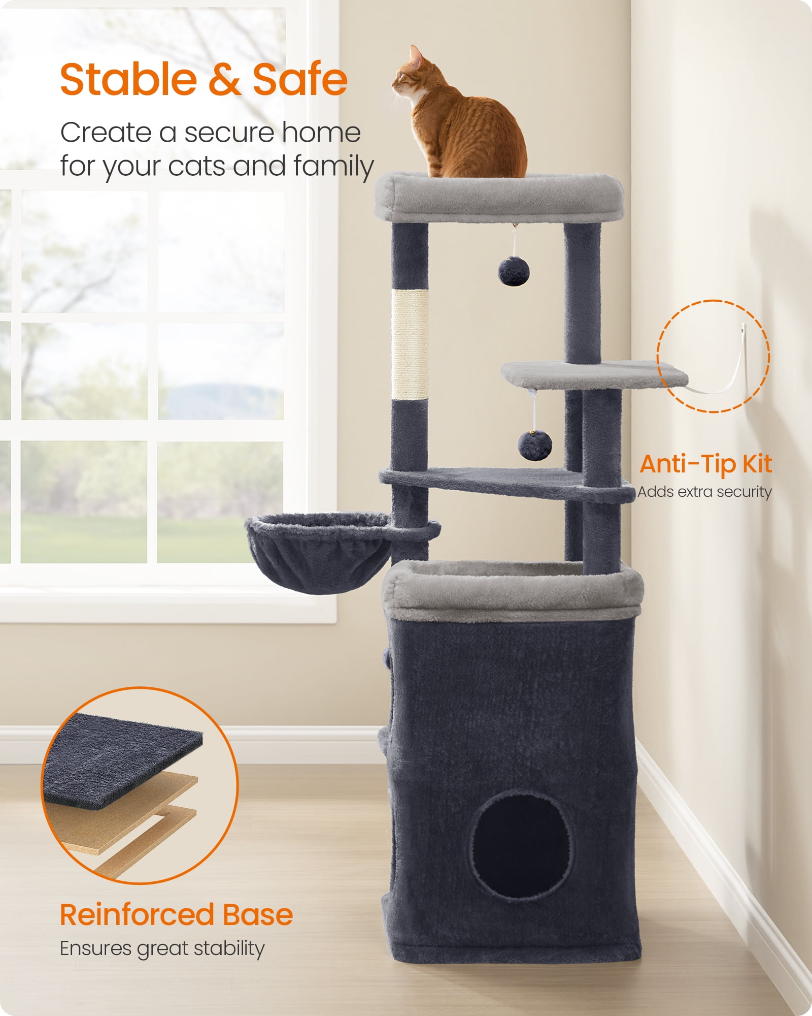 Tall Cat Tree, Multiple-Level Cat Tower with 2 Caves, 3 Scratching Posts, Dark Gray
