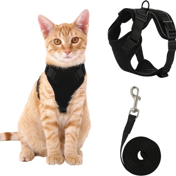 Cat Harness and Leash Set, Escape Proof Safe Adjustable Kitten Vest Harnesses for Walking, Easy Control Soft Breathable Mesh Jacket with Reflective Strips for Cats,Black M