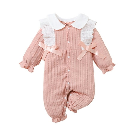 

elfinBE Newborn Baby Girl Bowknot Lace Long Sleeve One-piece Romper 0-18M