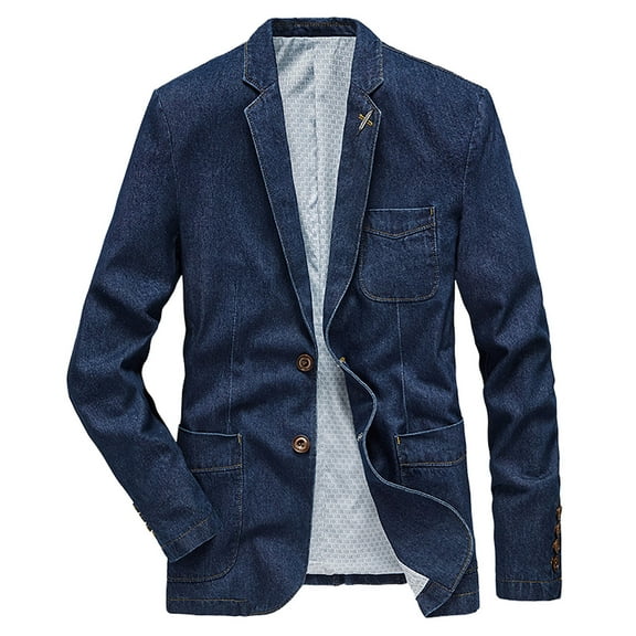 Tiweut Casual Denim Jackets Mens Mens Lapel Long Sleeve Slim Fit Suit Style Coat with Pocketst Blouses Blue,L