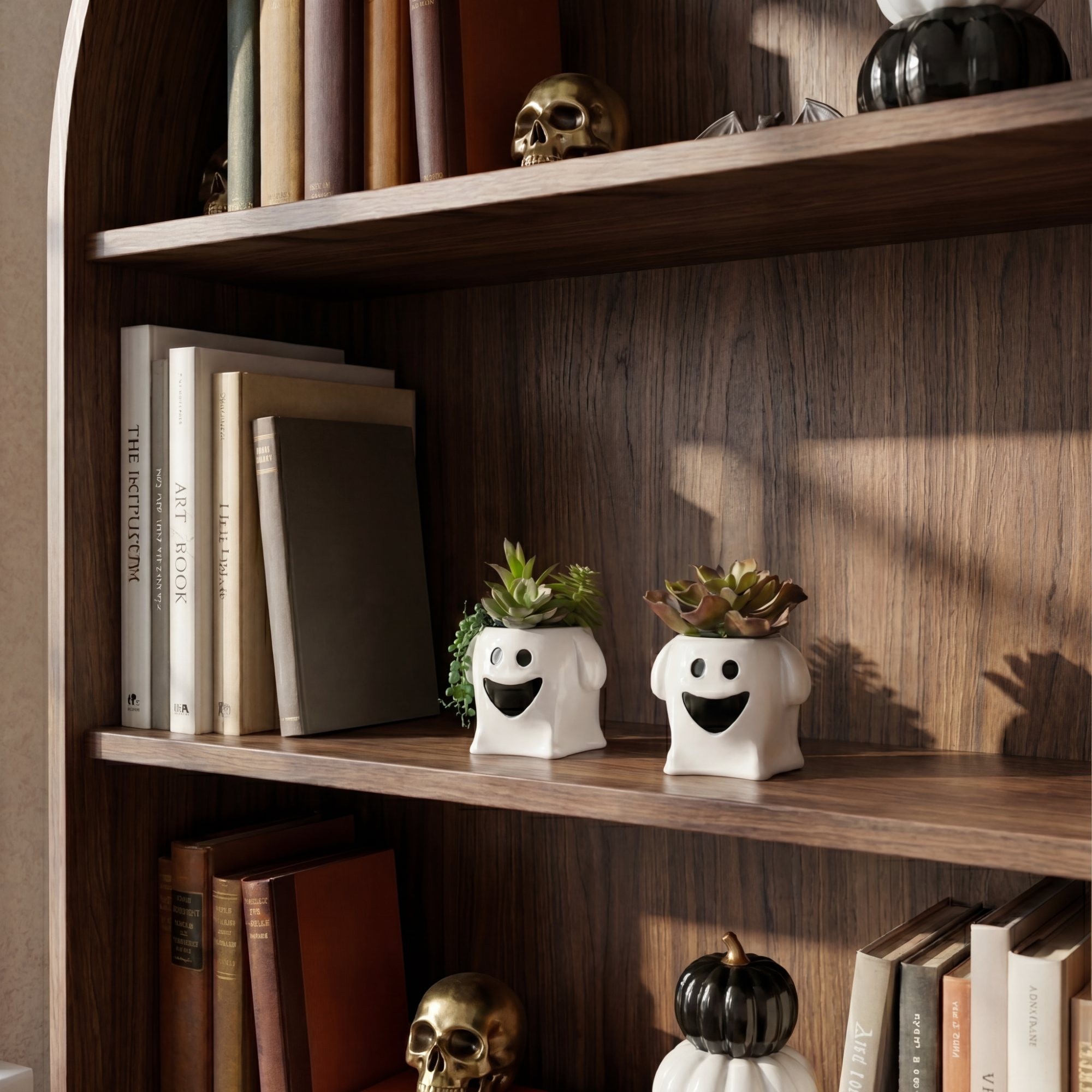 5in. Artificial Halloween Succulent Garden in Happy Ghost Planter -Set of 2