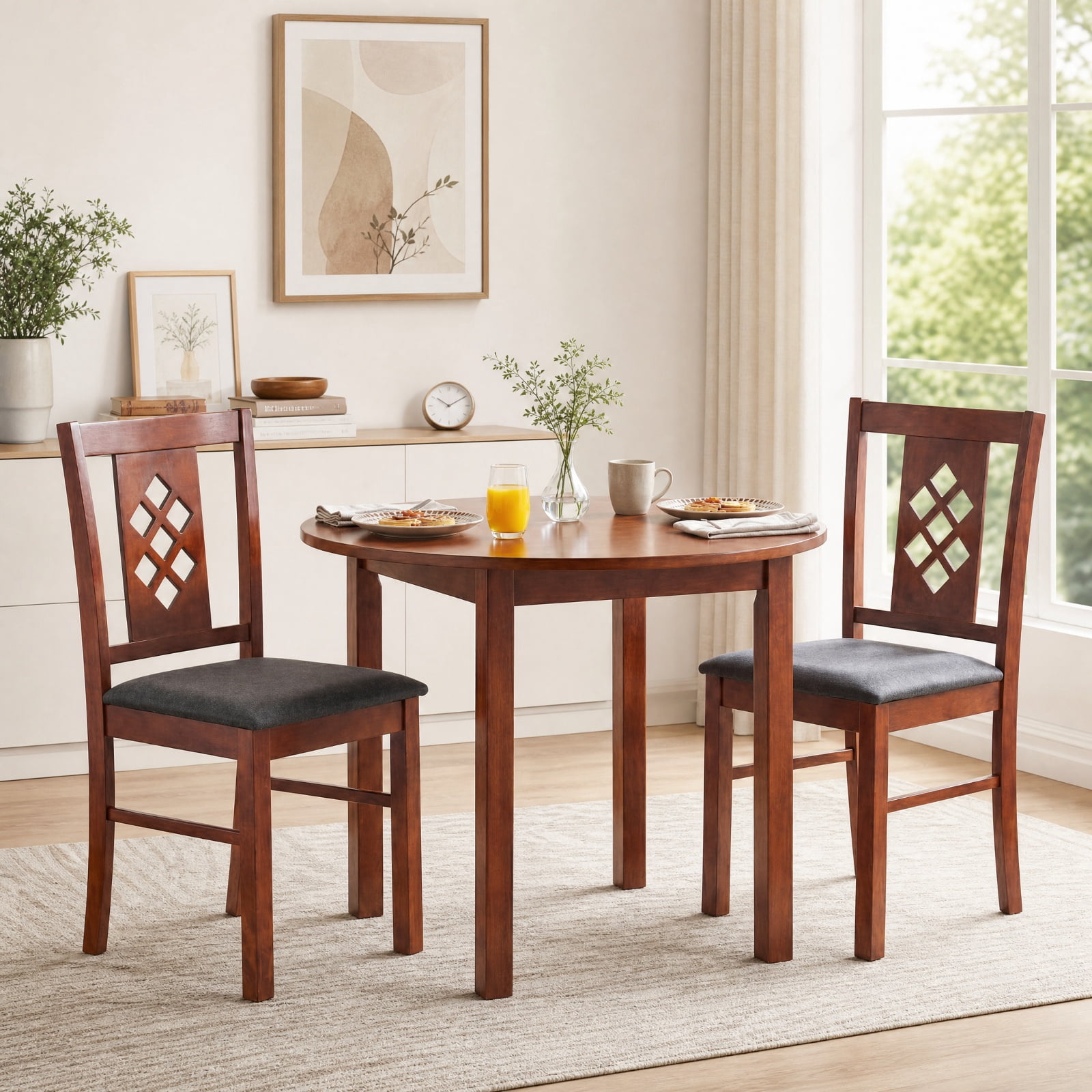 Furnibear Linen Style Upholstered Dining Chairs Set of 2 with Diamond Tufted Backrest and Rubber Wood Frames for Kitchen and Dining Room, Cherry