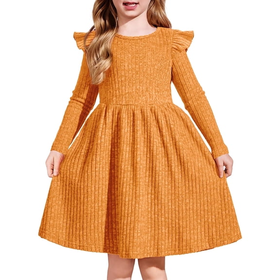 Arshiner Toddler Girl Dress Knitted Ruffle Sleeve Pocket Dresses A-Line Flared Fall Winter Dress