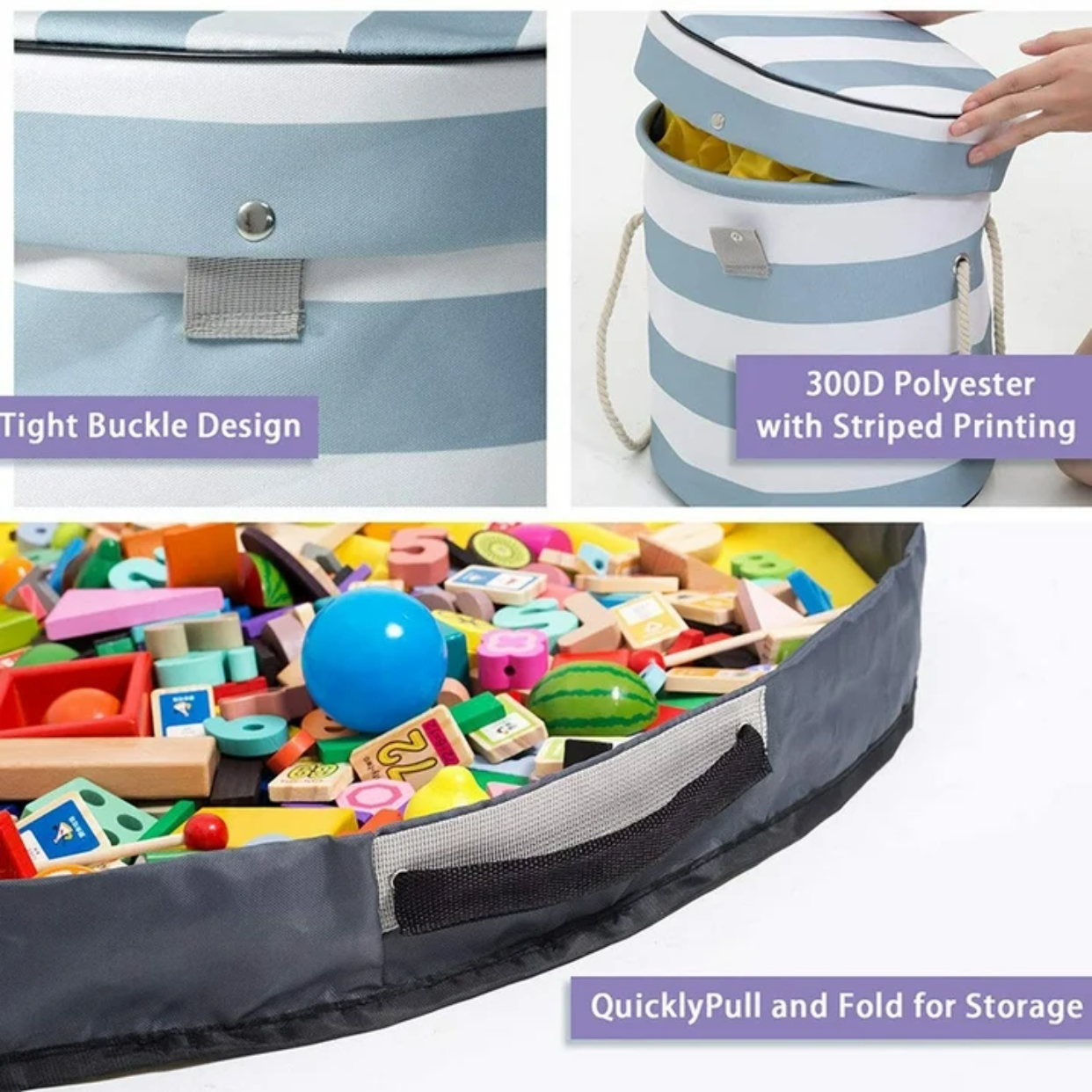 UU&T Toy Storage Organizer & Play Mat, Playroom Organizer Bin for Boys and Girls, Blue Stripes