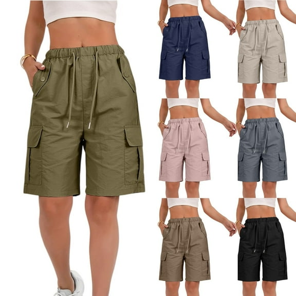 GXIPO Women Shorts for Seniors Relaxed Fit Elastic Waist Multi-Pockets Cargo Khaki L