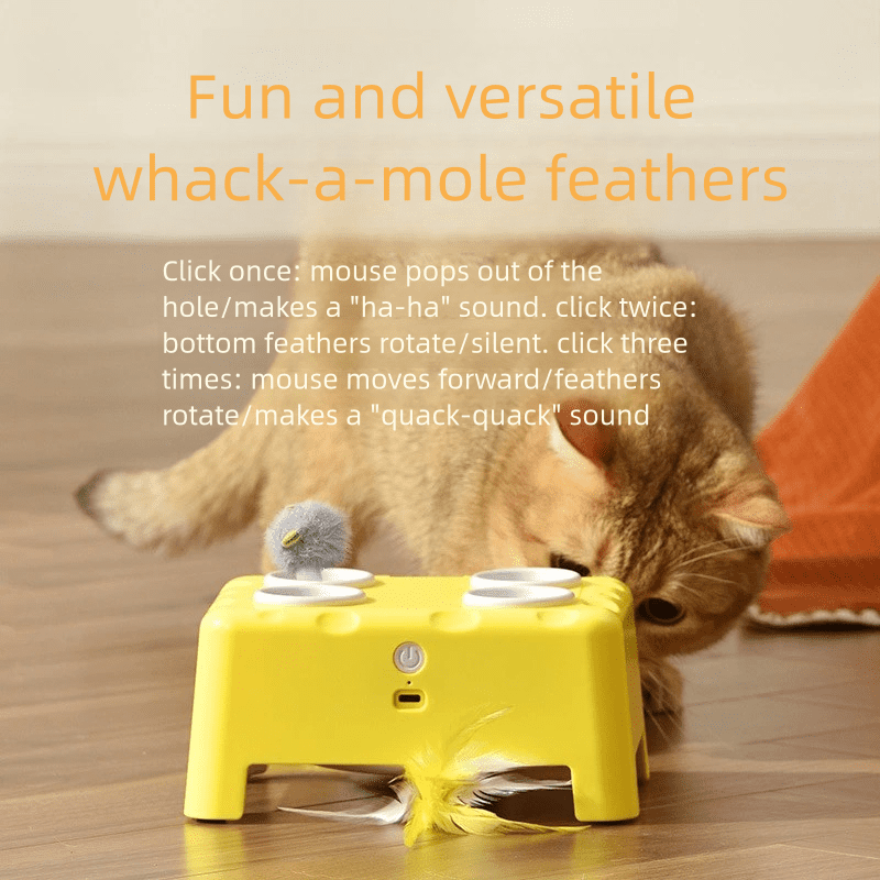 Cat Toys, Interactive Cat Toys, 2-in-1 Automatic Cat Toy, 4 Holes Mice Whack A Mole Cat Mouse Toy with Moving Feather, Portable USB Rechargeable Electronic Kitten Toys (White)