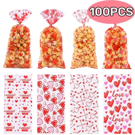 Valentine's Day Treat Bags Cellophane Plastic Goodie Candy Gift Favor Bags with Twist Ties for Valentine's Day Party Decorations