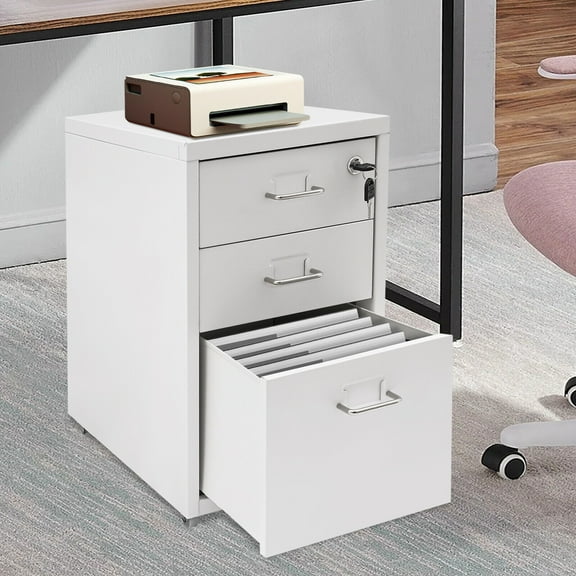 TFCFL 3 Drawers Vertical File Cabinet Lockable Metal Mobile File Storage Organizer White For Office
