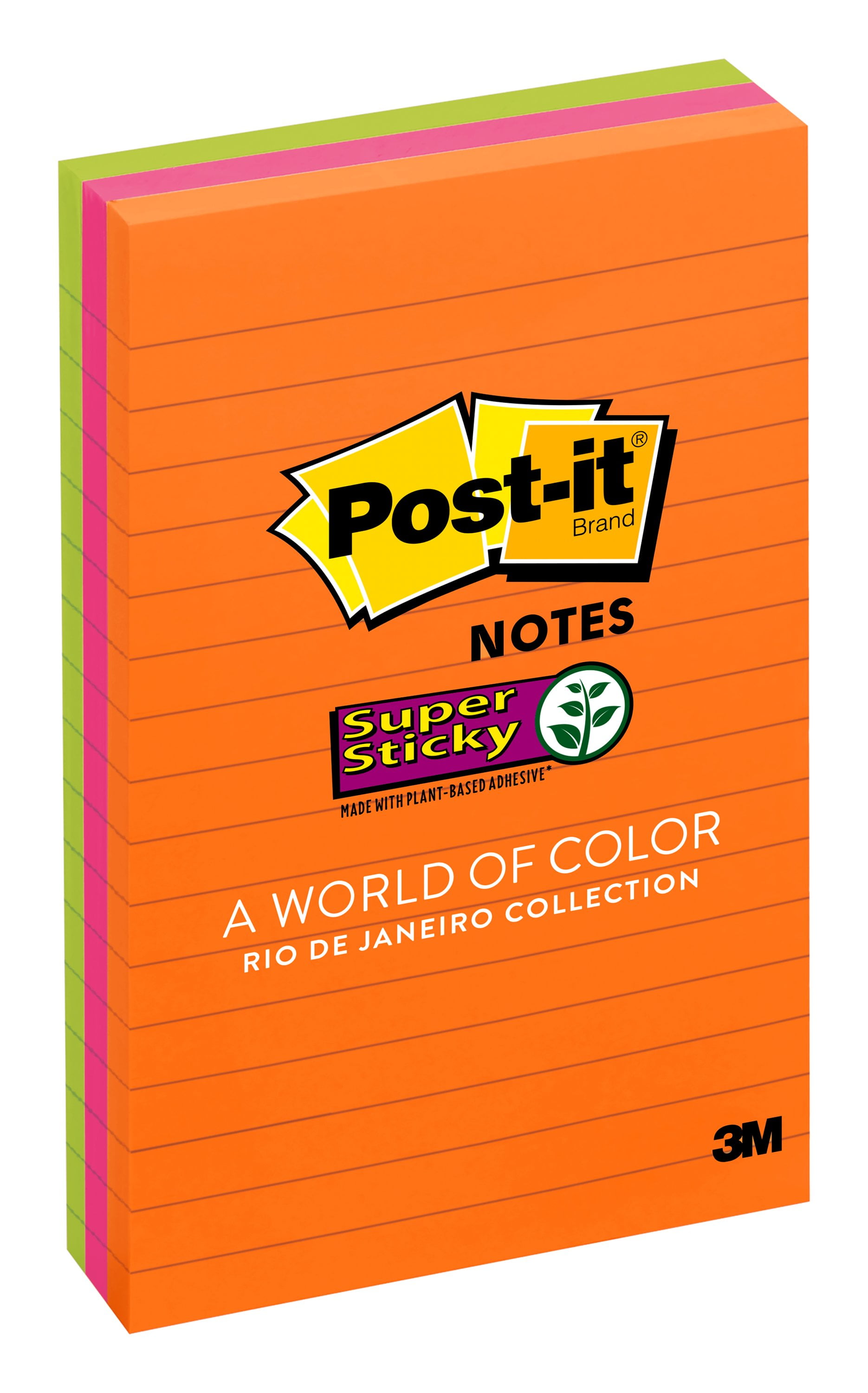 Postit Super Sticky Lined Notes. 4" x 6", Bright Colors, 3 Pads
