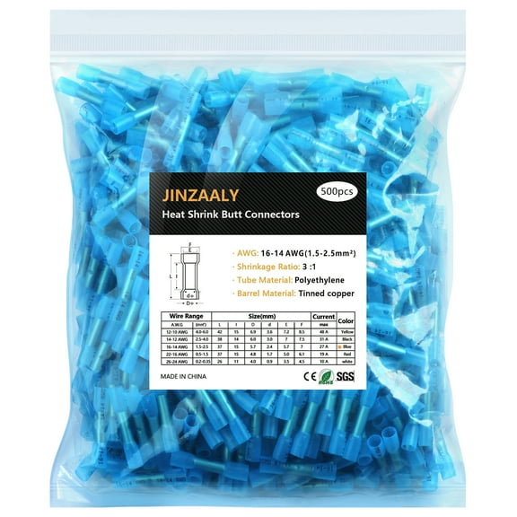 Jinzaaly Heat Shrink Butt Connectors, Insulated Waterproof Electrical Marine Automotive Tinned Copper Wire Crimp Terminals, Butt Splice for Boat Truck Stereo Joint (16-14AWG-500PCS)