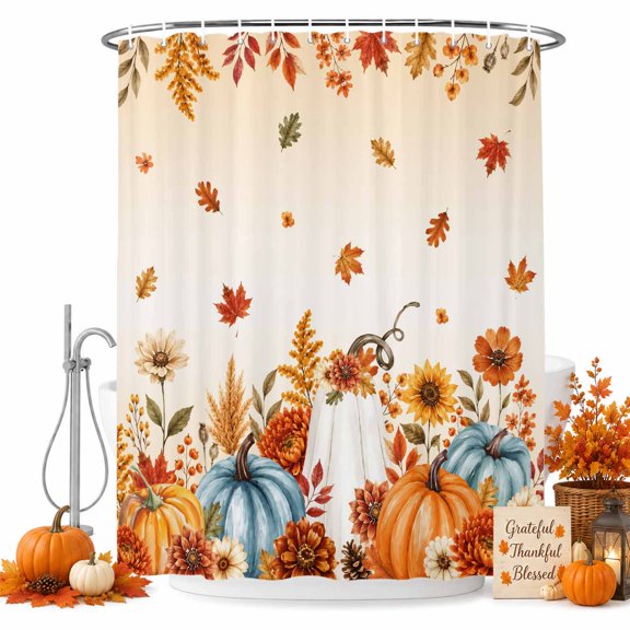 Shower Curtains for Bathroom-36"x72",Thanksgiving Pumpkin Maple Leaf Fall Flower Waterproof Bath Curtain Grommet Shower Curtain Set with Hooks,