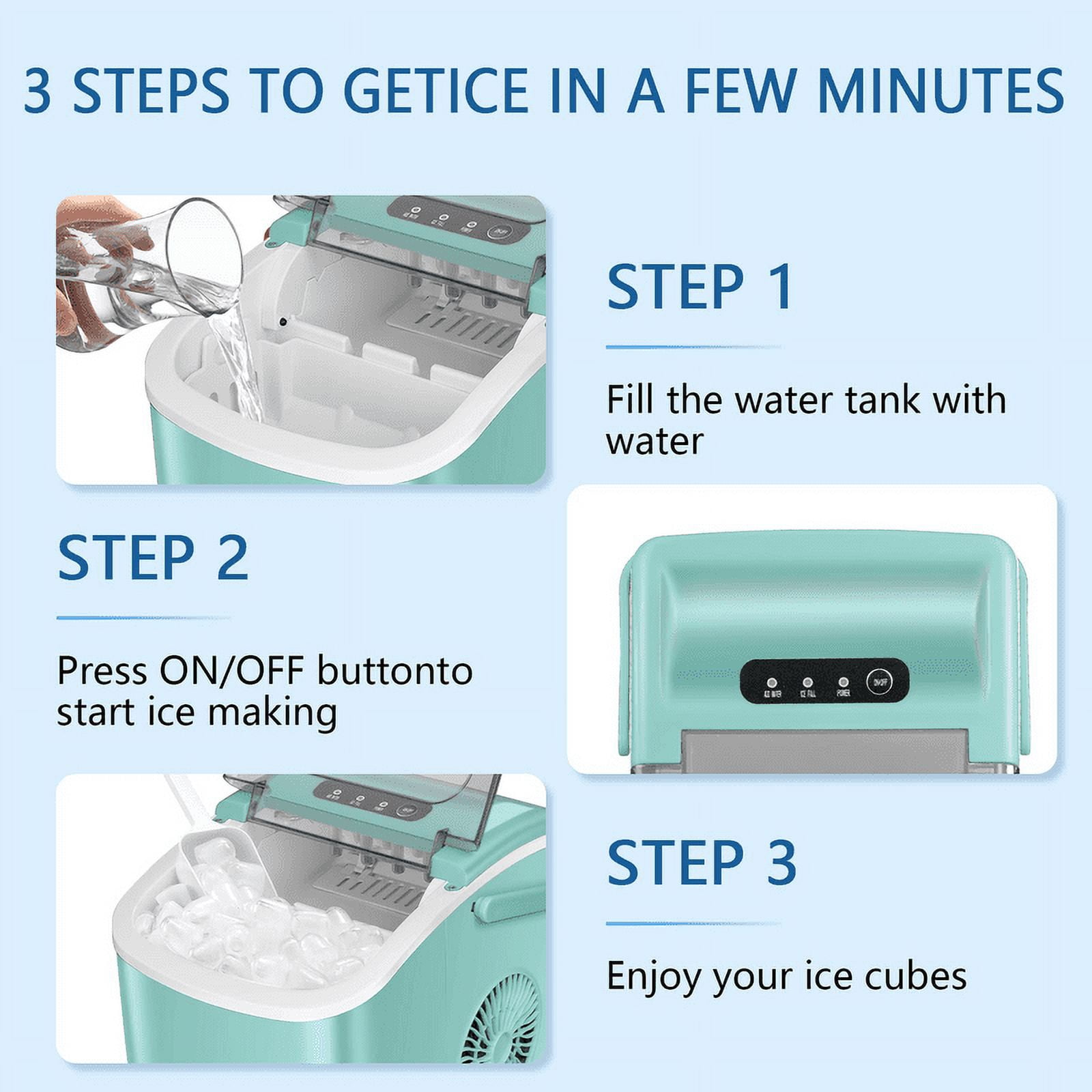 YUKOOL Desktop Ice Maker,Portable,9pcs/6-13min,26lbs/24H,Self Cleaning,With Ice Scoop,Green