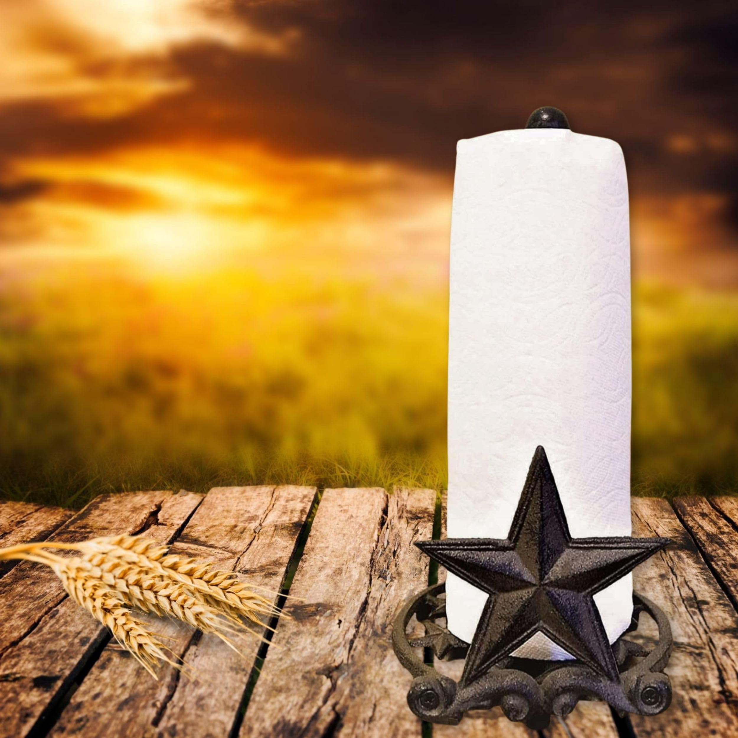 BestGiftEver Metal Star Country Rustic Paper Towel Holder - Freestanding Kitchen Countertop Decor for Farmhouse, and Western Styles - Made of Rustic Brown Cast Iron, for Countertop Cabin Theme
